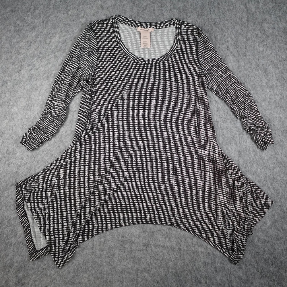 Philosophy Top Women Large Black White Pattern Sharkbite Hem Ruched Long Sleeve